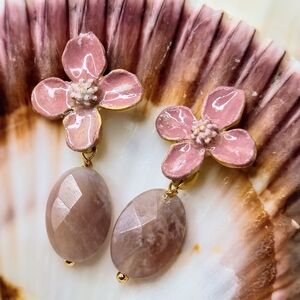 Handpainted Dusty Pink Flowers & Pink Candy Jade In Chunky Gold Plated Earrings